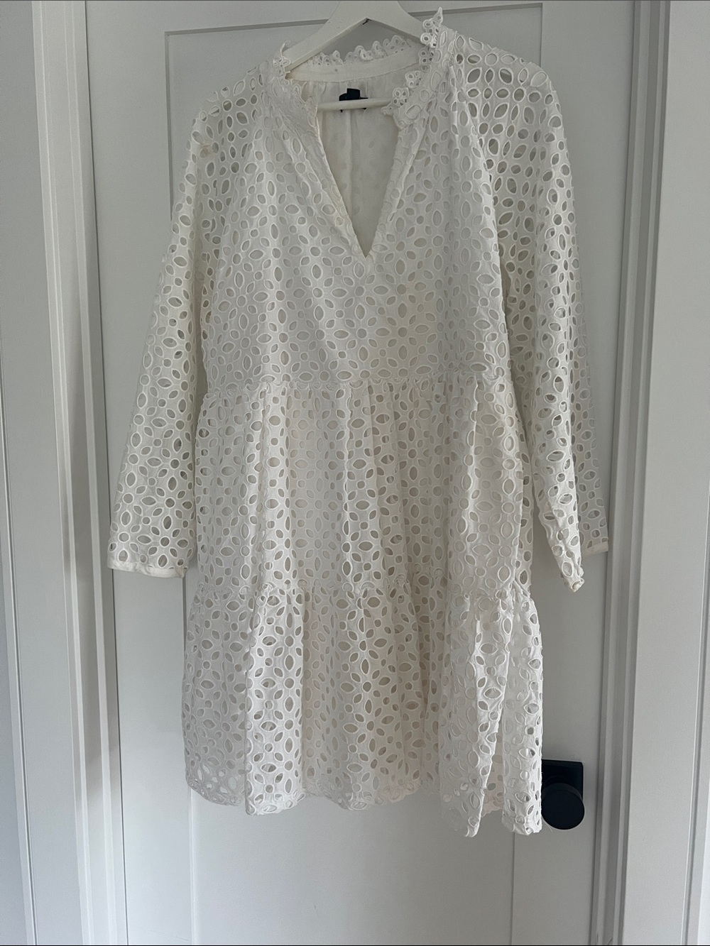 J. Crew White Eyelet V-Neck Long Sleeve Tiered Dress